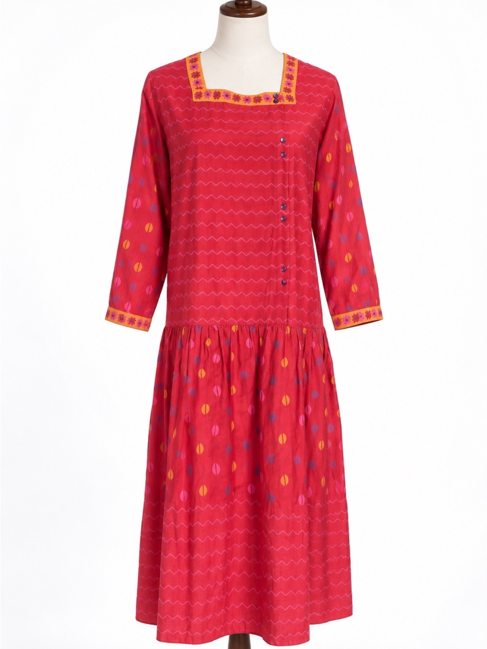 Gudrun Sjödén Folkloric Boho Drop Waist Midi Dress in Lipstick Red ~Size L - Picture 2 of 8